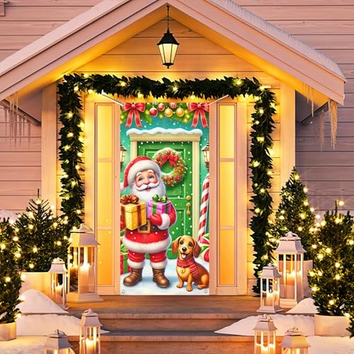 Image of BlissYard Christmas Door Cover Santa Dog 35x71 Inch Polyester