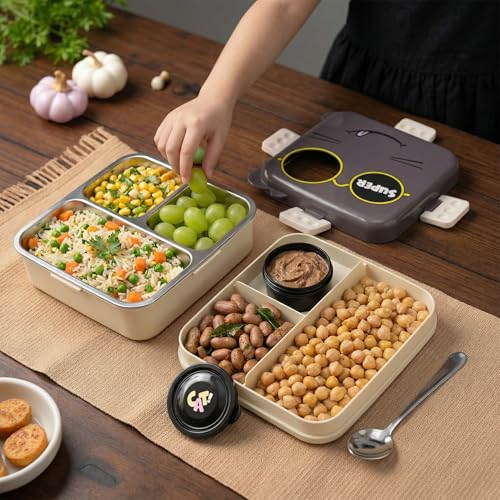 Image of Tiffin Box for School Office College, Insulated Stainless Steel Lunch Box, 3 Section Food Container, Leak Resistant Bento Box with Spoon, Durable Meal Carrier, 1120ml + 70ml (Grey, Super Cat)