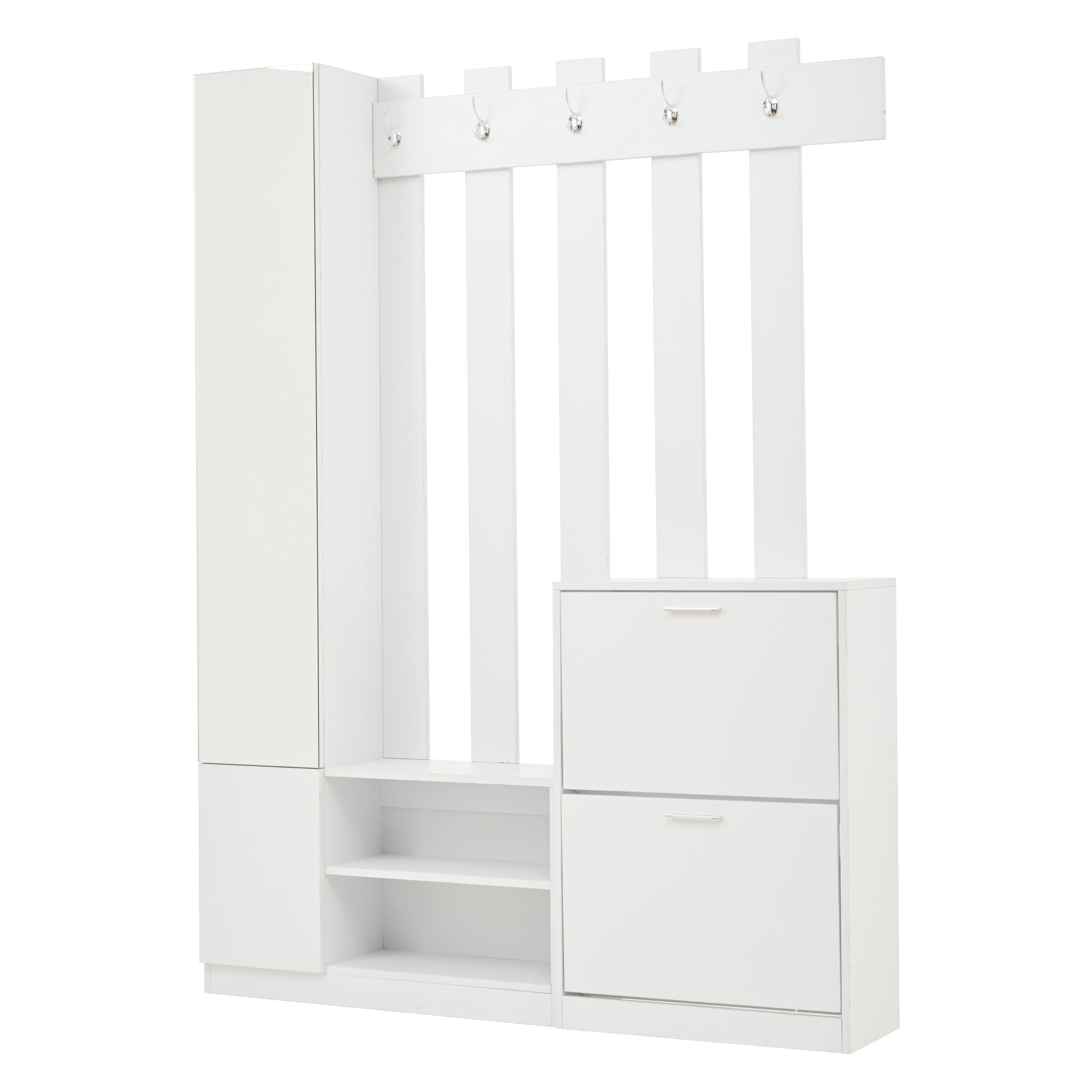 Garderobenset Wandgarderobe mit Klapptüren Schuhschränken und Spiegel, Weiß, 135x25x180 cm