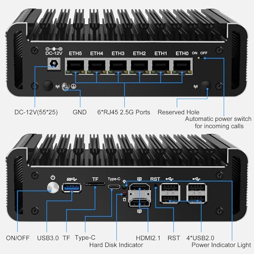 Image of 6 Port Firewall Micro Appliance, Fanless Firewall Mini PC Intel N150 Quad Core, DDR5 RAM, VPN, Router PC, AES-NI, 6 Intel 2.5GbE I226-V LAN, Barebone