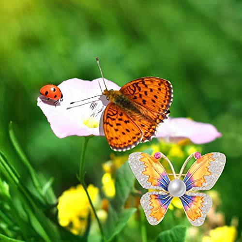 Image of FEELMEM Crystal Rhinestone Butterfly Brooch Pin Blue Color Butterfly Brooches for For Women Wedding /Banquet /Birthday Party (orange)