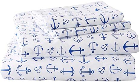 Great Bay Home Printed Coastal Microfiber Bed Sheets. Wrinkle Free, Deep Pockets, Beach Theme Sheet Set. Newport Collection (King, Anchor)