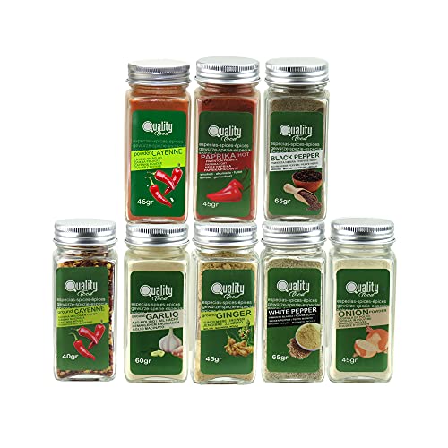 Pack de especias Picantes. Ideal para regalo y uso diario. 8 Tarros de cristal, reutilizables. Pimienta Negra y Blanca Molidas, Cayena Entera y en Escamas, Pimentón Picante, Jengibre, Ajo y Cebolla