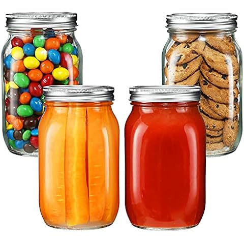 YEBODA 4 Pack Wide Mouth Mason Jars 32oz Glass Canning Jars with Airtight Lids and Bands for Preserving, Jam, Honey, Jelly, Wedding Favors, Sauces, Meal Prep, Overnight Oats, Salad, Yogurt Cover