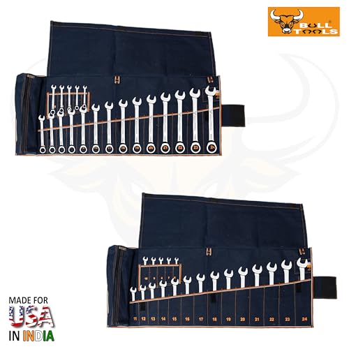 Image of BULL TOOLS Metric Ratcheting Wrench Set (6-32mm), 19-Pocket Roll, with Zip Pouch, Made from Durable Recycled Cotton Canvas for Mechanics, DIYers, and Home Use - Navy Blue
