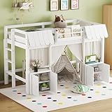 SOFTSEA Twin Size Loft Bed with Storage, House Loft Bed with Bookshelf, Curtain, and Roof, Playhouse Lofted Bed Frame with Guardrails & Ladder for Kids Teens Boys Girls, White