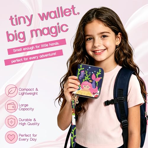Image of Girls Wallet for Kids, Kids Wallet for Girls 6-8 8-10 10-12, Small Cute Mermaid Leather Toddler Purse with Wristlet and Coin Pocket, Christmas Stocking Stuffers Birthday Gift for Teen Girls