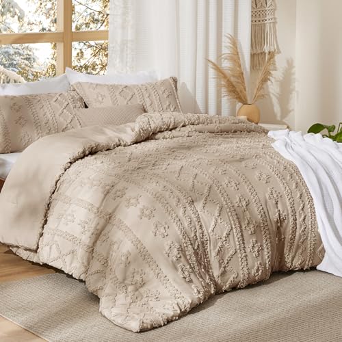 Image of Bedsure Tufted Boho Comforter Set Queen Size - Khaki Boho Bed Set, GentleSoft 3 Pieces Farmhouse-Style Embroidery Bedding, Gifts for Woman, Soft Jacquard Kids' Queen Comforter for All Seasons