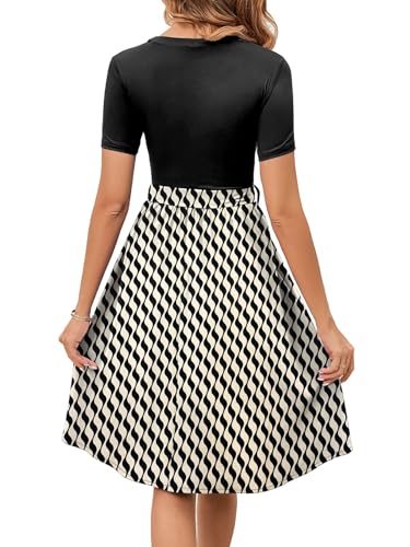 Image of Women's Elegant Vintage Round Neck Short Sleeve Summer Casual Work Party A-Line Dress with Belt 809