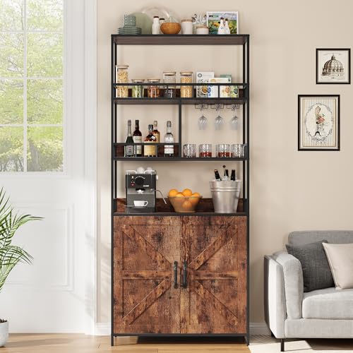 ELETHEBIA Tall Wine Cabinet & Bar Storage Rack – 5-Tier Free-Standing Bakers Rack with Metal Racks, Baskets, and Hooks for Wine, Glasses, Beverages, and Snacks?Suitable for Living Rooms, Kitchens