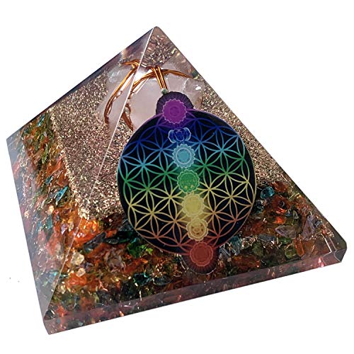 CHONIT Pirámide de orgonita, mezcla chakras multicolor con símbolo la flor vida, protección EMF contra radiación, pequeño cristal roca como decoración para el hogar (mezcla (dorado)
