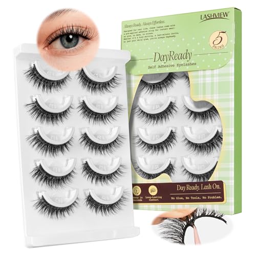 LASHVIEW Self Adhesive Eyelashes Natural Look Press On Lashes No Glue Need Eyelashes Reusable Cat Eye Wispy Self-adhesive False Lashes with Replacement Strips 5 Pairs(CV122)