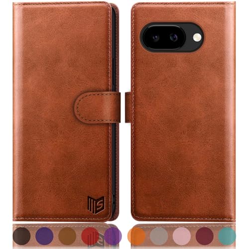 Étui Pixel 9A avec blocage RFID SUANPOT clapet de protection marron et fentes pour cartes