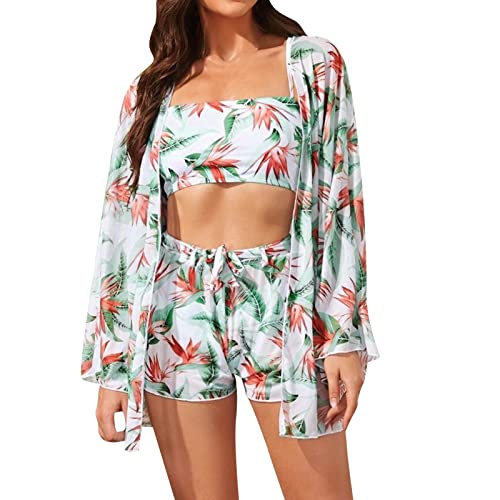Conjunto de Tankinis para Mujer Traje de Baño de Cintura Alta 4 Piezas Pareo de Manga Larga Push Up Ropa de Playa Verano (White, M)