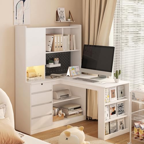 RuiSiSi L Shaped Home Office Desk with Hutch and LED Light, Modern Wooden Gaming Computer Corner Table with Drawers and Bookshelf, Modern Study Table Computer Desk with Hutch, White