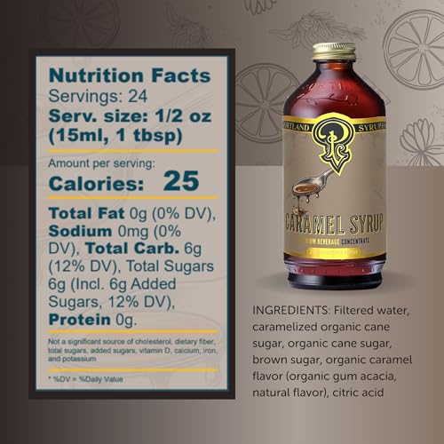 Image of Portland Syrups Caramel Syrup - Flavoring for Coffee, Lattes, Cold Brew, Macchiatos, Cocktails, & Desserts - Ideal for Drinks & Adding a Caramel Touch to Any Beverage - 12 oz, 24 servings (Pack of 1)