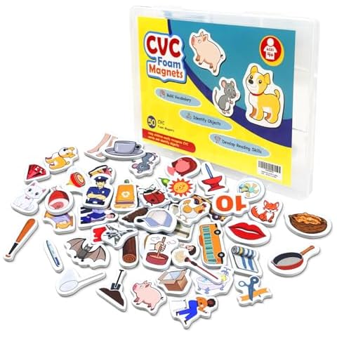 Magnetic Foam CVC Word Games - 50 Fridge Magnets for Kids, Speech Therapy & Learning Toys for Toddlers, Preschool & Kindergarten Phonics, Spelling & Reading Classroom Supplies Cover