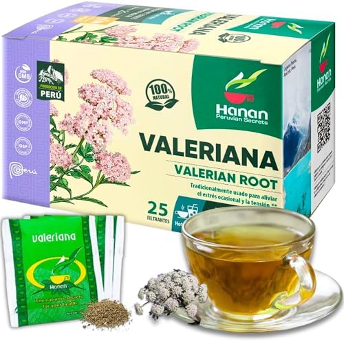 Hanan Valerian Root Tea (Valeriana) - 25 Herbal Tea Bags from Peru – Nature’s Calming Supplement for Relaxation Before Bed – 1000mg Valeerian Valerain per Filtered Teabag