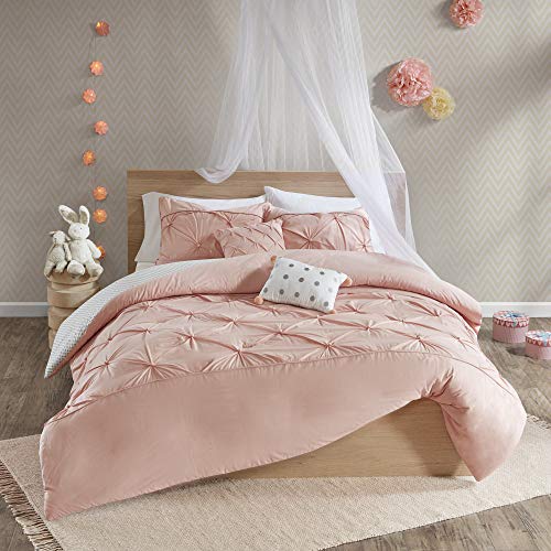 Urban Habitat Kids Aurora Duvet Cover 100% Cotton Tufted Accent Stripe Poms With Polka Dot Reverse Soft Corner Ties Buttoned With Shams All Season Bedding-Set, Full/Queen, Blush #TOP1