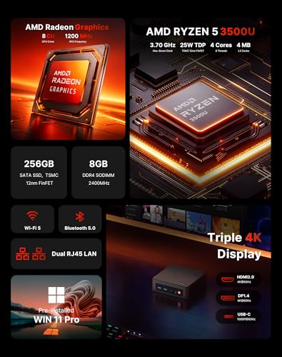 Image of Mini PC Ryzen 5 3500U, Dual LAN Mini Computer 8GB DDR4 256GB M.2 SSD, Small Form Factor Desktop PC Support Triple Display 4K HDMI DP Type-C for Business Office Home Server