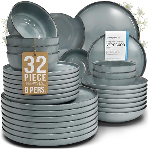 Image of Stoneware dinnerware set 8 persons Rustic 32 pcs - Rustic design dinnerware set, dishwasher safe - Bowl and plate set - Pure Living dinnerware in smoky blue…