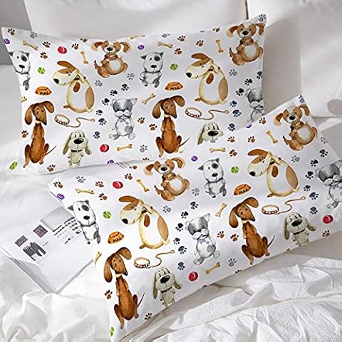 BlessLiving Animals Pastel Pillow Cover Set of 2 Cartoon Dogs Paws Pattern Design Pillowcase Cute Puppy Dogs Pillow Case Kids Boys Girls All Season for Room Bedroom Sofa Chair Car, (King) Cover