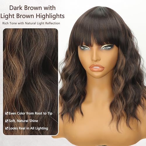 Image of Nnzes Wig with Bangs for Women Shoulder Length Bob Wavy Women's Charming Synthetic Brown mixed Blonde Highlight Wigs with Natural Curly Heat Resistant Hair for Daily Party Use