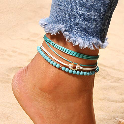 Aimitery Boho Layered Anklets White Turquoise Ankle Bracelet Bead Chain Jewelry for Women and Girls