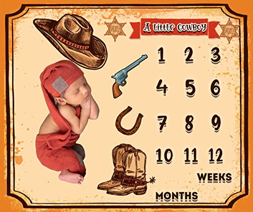 Image of KIKIDOR Western Cowboy Baby Monthly Milestone Blanket Country Leather Boots Cowboy Hat Newborn Photo Props Baby Shower Party Decor New Baby to 12 Months Growth Calendar Blanket 48x40 inch BTZYKI82