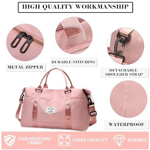 INVODA Travel Duffel Bag Sports Tote Gym Bag Shoulder Weekender Overnight Bag Carry on Travel Bag for Women (Pink)4