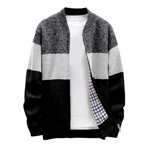 Mens Knitted Stand Collar Cardigan Sweaters Striped Color Block Full Zip Fleece Lined Regular Fit for Winter