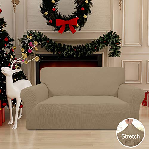 Image of Easy-Going Stretch Loveseat Slipcover 1-Piece Sofa Cover Furniture Protector Couch Soft with Elastic Bottom for Kids Polyester Spandex Jacquard Fabric Small Checks (Loveseat, Tan)