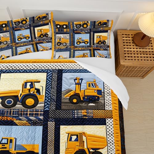 Image of Kids Excavator Comforter Set Twin,Boys Construction Bedding Set,Yellow Vehicles Excavator Tractor Print Bedding Set,Soft Microfiber Cartoon Truck Quilt Set for Room Decor