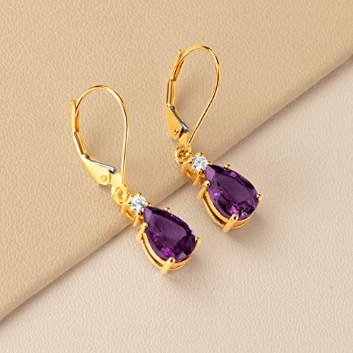 Peora 14K Yellow Gold Genuine Amethyst and Diamond Teardrop Leverback Earrings for Women, 2.10 Carats total Pear Shape 9x6mm, Real Gemstone Earrings, February Birthstone Earrings3