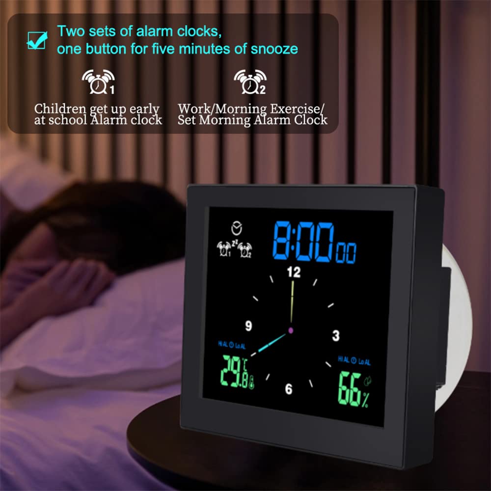 Irfora Reloj digital de baño, resistente al agua, termómetro, higrómetro, pantalla LCD, límite superior e inferior, alarma doble con función de repetición, despertador de cuenta atrás