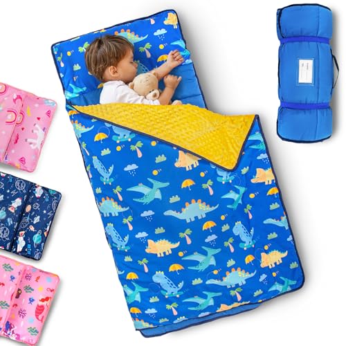 Image of Primlect Toddler Nap Mat with Removable Pillow and Fleece Blanket, Extra Large 55''x35'' Sleeping Bag, Washable, Light, Easy to Roll up, Perfect for Daycare, Preschool, Kindergarten, Travel