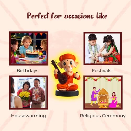 Image of Ganesh Idol for Car Dashboard Bobblehead, Home Decor Items for Living Room, Office Desk, Ganpati Murti for Gifting, God Statue for Good Luck, Superhero Action Figure, Sitar and Kartal, Orange