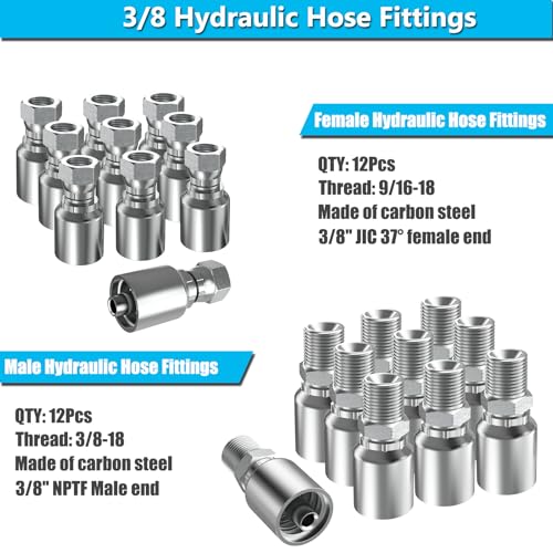 Image of 24PCS 3 /8 inch NPTF Male & 3 /8 inch JIC 37 Female Hydraulic Hose Fittings, Hydraulic Hose Crimp Fitting Ends for Air Hose Repair Kit