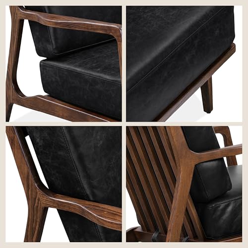 Image of Poly & BARK Verity Leather Accent Chair - Armchair with Walnut Wood Frame - Fashion-Forward Lounge Seating for Living Room - Upholstered in Onyx Black Leather for Modern Style