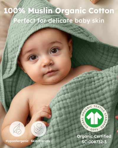 Image of Yoofoss Hooded Baby Towels for Newborn 2 Pack 100% Muslin Organic Cotton Baby Bath Towel with Hood for Babies, Infant, Toddler and Kids, 32x32Inch, Soft and Absorbent Newborn Essential, Green Giraffe
