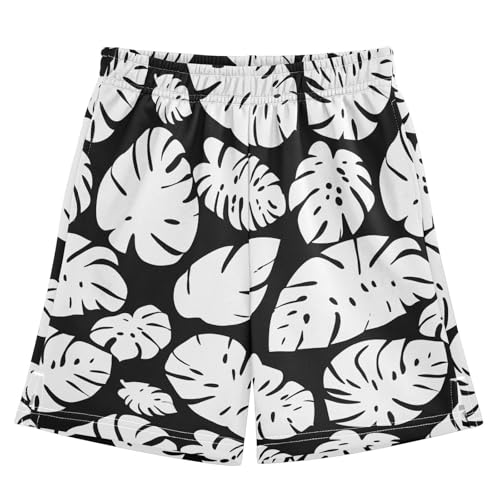 Black and White Monstera Leaf Boys' Shorts Summer Cotton Adjust Pocket Boys Shorts Size 8 Years