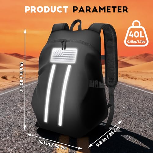 GEVINFA Motorcycle Backpack, Waterproof Helmet Backpack with Reflective Strips & Reflective Flag, 40L Large Bag with Laptop Pocket, Perfect for Travel, Daily Commute, Office Trips & Outdoor Riding