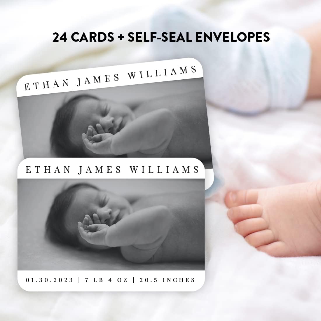 Andaz Press 24-Pack Personalized 5x7-Inch Baby Photo Announcement Cards with Envelopes, Modern Minimal Custom Baby Birth Announcement Stat Cards Baby Reveal Newborn Baby Photo Birth Cards for Family
