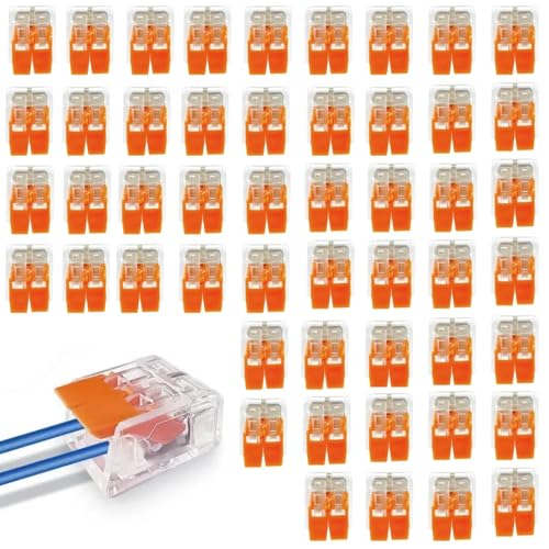 50 Stück Kabelverbinder 2-Leiter Klemmen bis 4 mm Verbindungsklemmen Klemme mit Betätigungshebel Kabelklemmen Elektro Klemme Lüsterklemmen für Feste Kabe