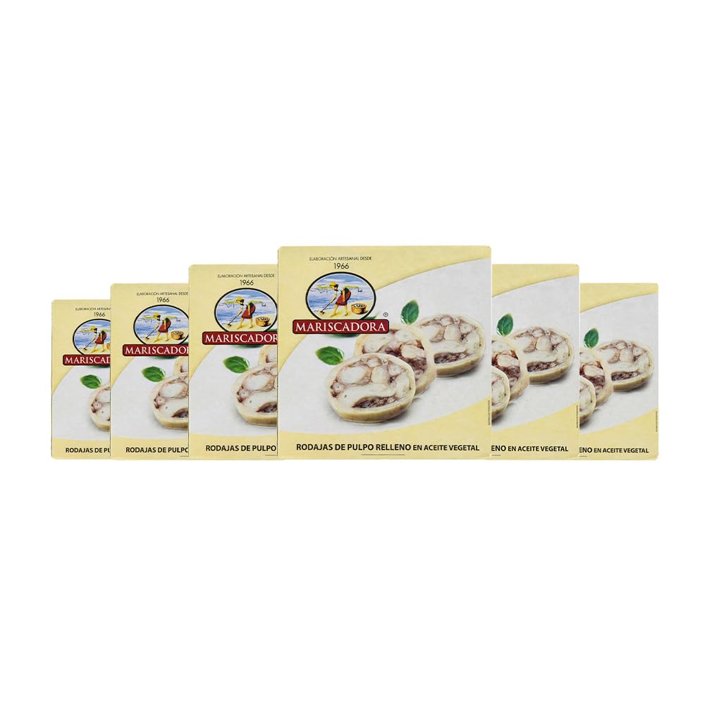 Pack 6x Rodajas de Pulpo Relleno Mariscadora – 270 g c/u | Rodajas Artesanales de Pulpo Blanco en Aceite Vegetal | Aperitivo Gourmet Gallego | Sin Aditivos