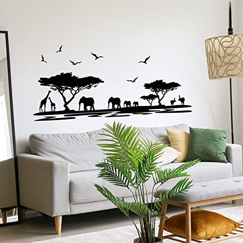 WandSticker4U® - Naklejki ścienne LA SAVANA w kolorze czarnym (160x75 cm) I naklejka ścienna zwierzęta safari afryka krajobraz słoń żyrafa I Deco do salonu, sypialni, kuchni, korytarza, dla dorosłych,