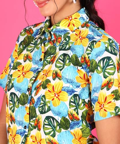 Image of POPWINGS Ethnic Printed Cotton Half Sleeves Regular Fit Crop Shirts for Women Stylish Western Casual Wear