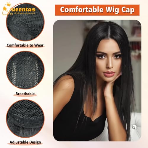 QUEENTAS Long Black Wigs for Women Straight Synthetic U Part Wig Ladies Womens Wigs for Party Cosplay Halloween Costume (Black) - Image 3