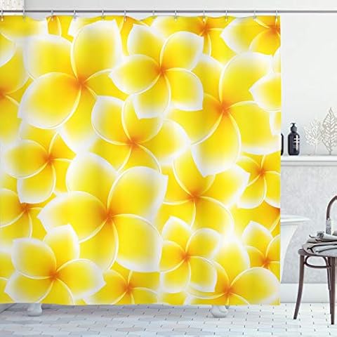 Ambesonne Yellow Shower Curtain, Plumeria Frangipani Flower Blossom Pattern Hawaiian Floral Wildlife Art Cover