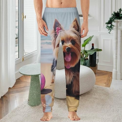Yorkshire Terrier Dog in Beach Men's Pajama Pants Soft Lounge Pant Sleep Pj Bottoms for Men Elastic Waist2